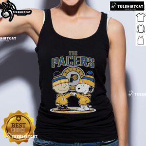 Alt Text: Official Snoopy and Charlie Brown Peanuts tank top featuring Indiana Pacers logo, perfect for fans and summer wear.