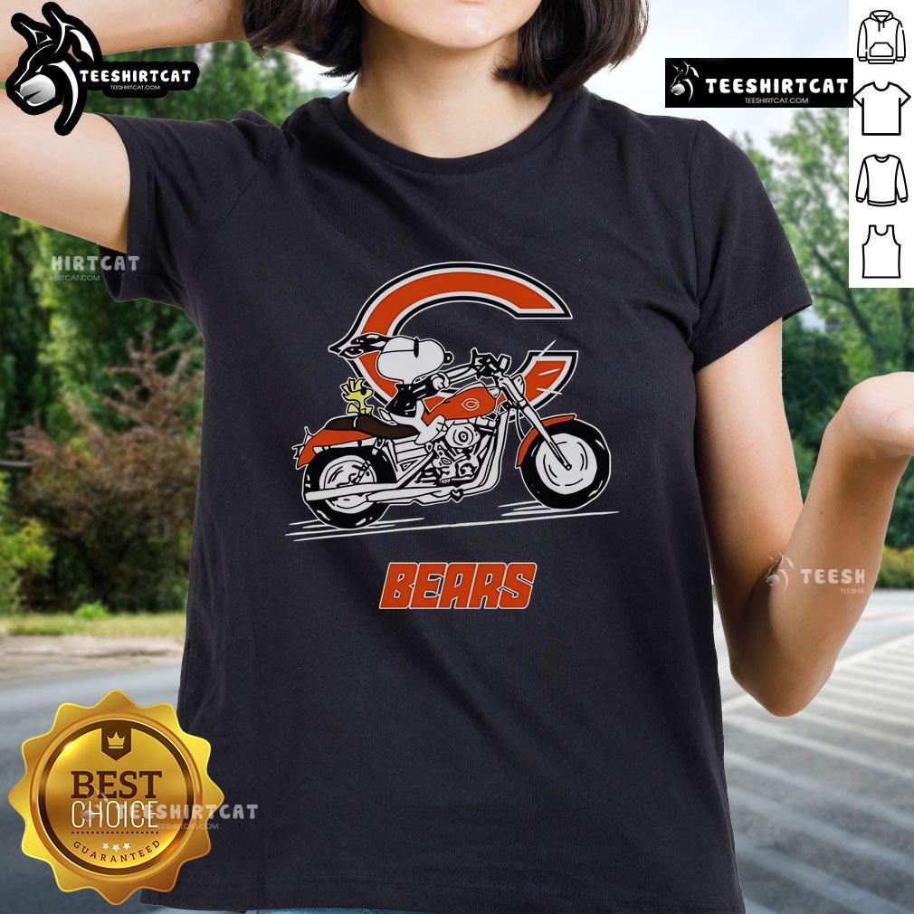 Official Snoopy and Woodstock driving motorbike on Chicago Bears ladies tee, perfect for fans and casual wear.