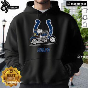 Alt Text: Snoopy and Woodstock riding a motorbike on an Indianapolis Colts hoodie, showcasing playful cartoon design.