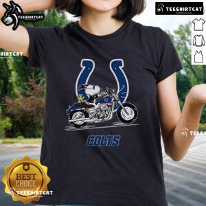 Alt Text: Official Snoopy and Woodstock driving a motorbike on Indianapolis Colts ladies tee shirt design.