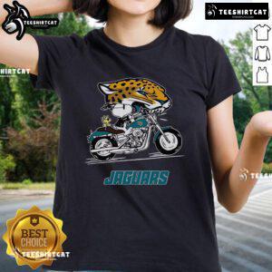 Official Snoopy and Woodstock on a motorbike graphic for Jacksonville Jaguars ladies tee shirt.