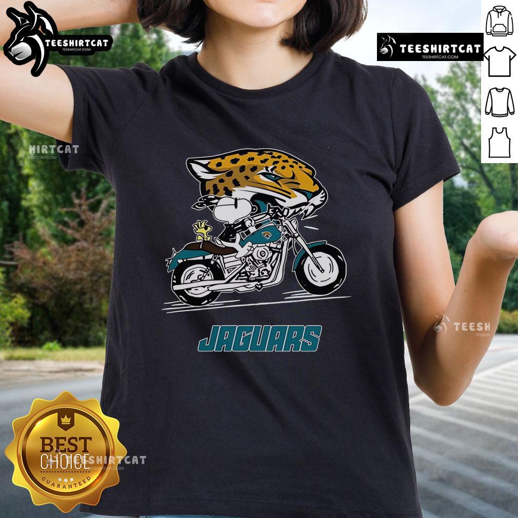 Official Snoopy and Woodstock on a motorbike graphic for Jacksonville Jaguars ladies tee shirt.