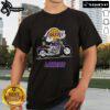 Alt Text: Official Snoopy and Woodstock driving motorbike on Los Angeles Lakers T-shirt, fun and vibrant design for fans.