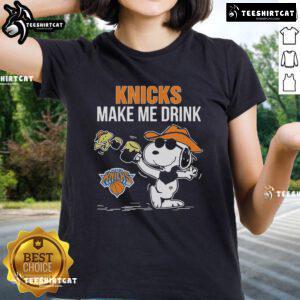 Official Snoopy and Woodstock New York Knicks 'Make Me Drink' Ladies Tee featuring playful graphics and team colors.
