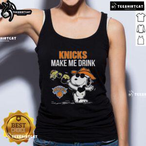 Official Snoopy and Woodstock New York Knicks Make Me Drink Tank Top featuring vibrant graphics and team colors.