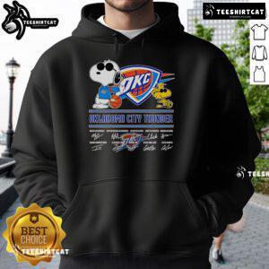 Alt Text: Official Snoopy and Woodstock Oklahoma City Thunder Signature Hoodie featuring vibrant team colors and playful designs.