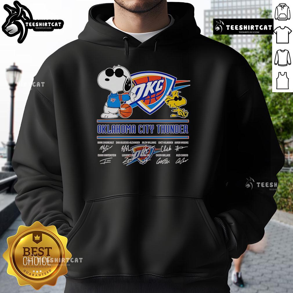Alt Text: Official Snoopy and Woodstock Oklahoma City Thunder Signature Hoodie featuring vibrant team colors and playful designs.