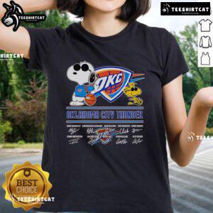 Official Snoopy and Woodstock Oklahoma City Thunder signature ladies tee featuring vibrant graphics and team colors.