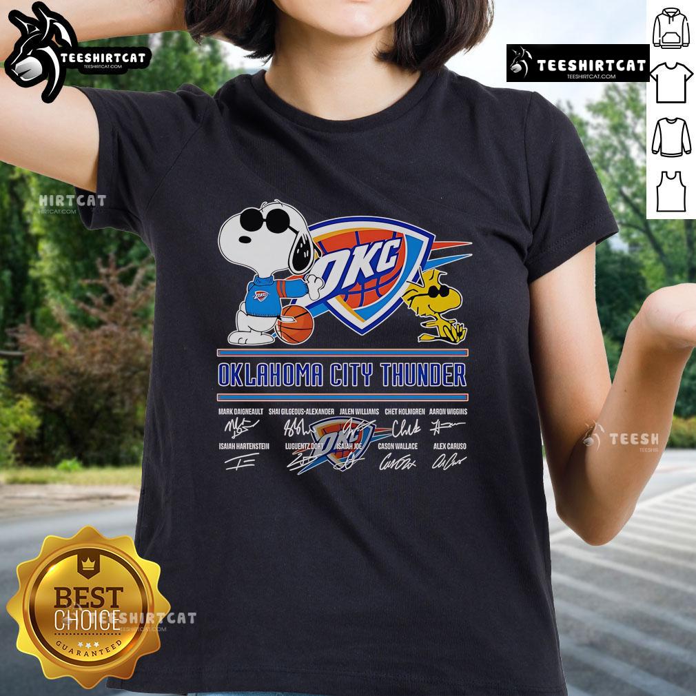 Official Snoopy and Woodstock Oklahoma City Thunder signature ladies tee featuring vibrant graphics and team colors.