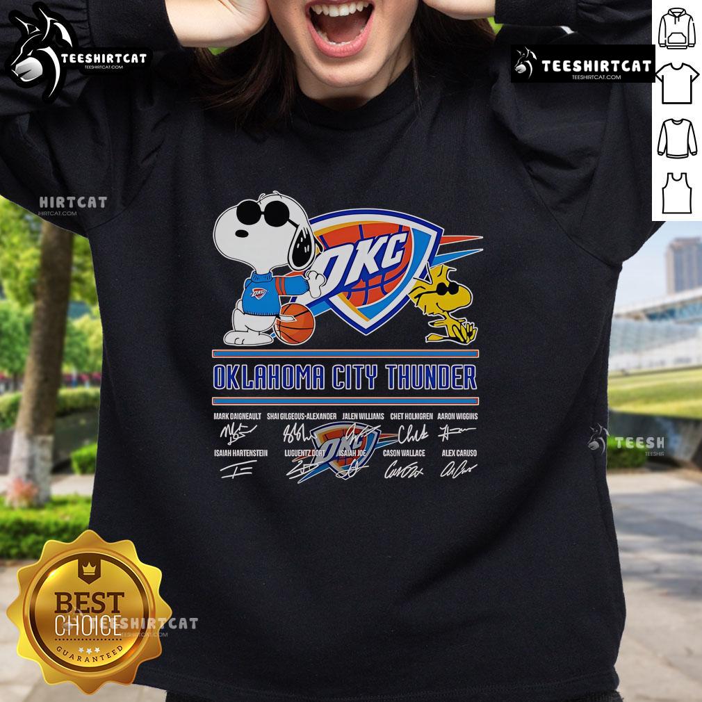 Alt Text: Official Snoopy and Woodstock Oklahoma City Thunder sweatshirt featuring vibrant graphics and cozy design.