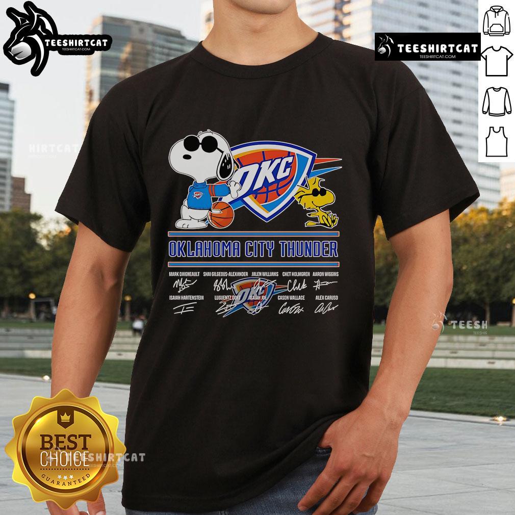 Alt Text: Official Snoopy and Woodstock Oklahoma City Thunder signature t-shirt featuring vibrant graphics and team colors.