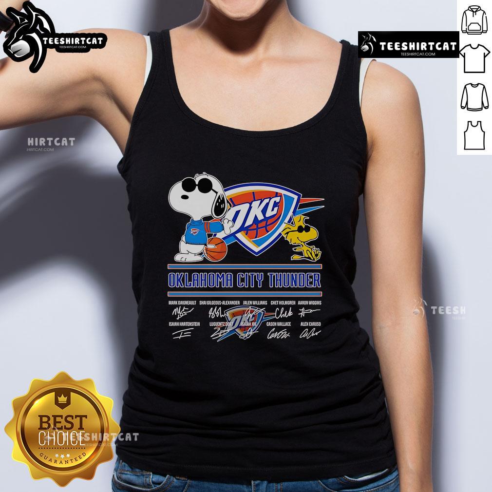 Official Snoopy and Woodstock Oklahoma City Thunder signature tank top featuring vibrant graphics and team logos.