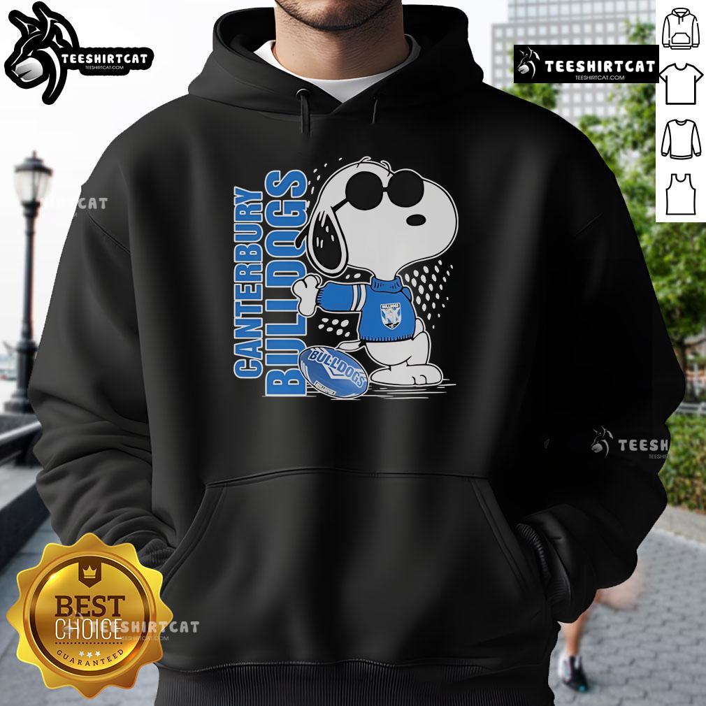 Official Snoopy Fan Canterbury Bankstown Bulldogs X The Peanuts Hoodie featuring iconic Snoopy design and team colors.