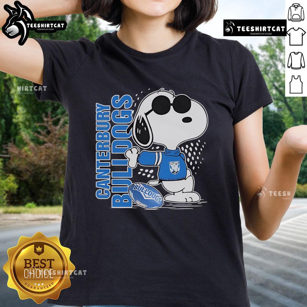 Official Snoopy Fan Canterbury-Bankstown Bulldogs X The Peanuts Ladies Tee featuring vibrant designs and team logo.