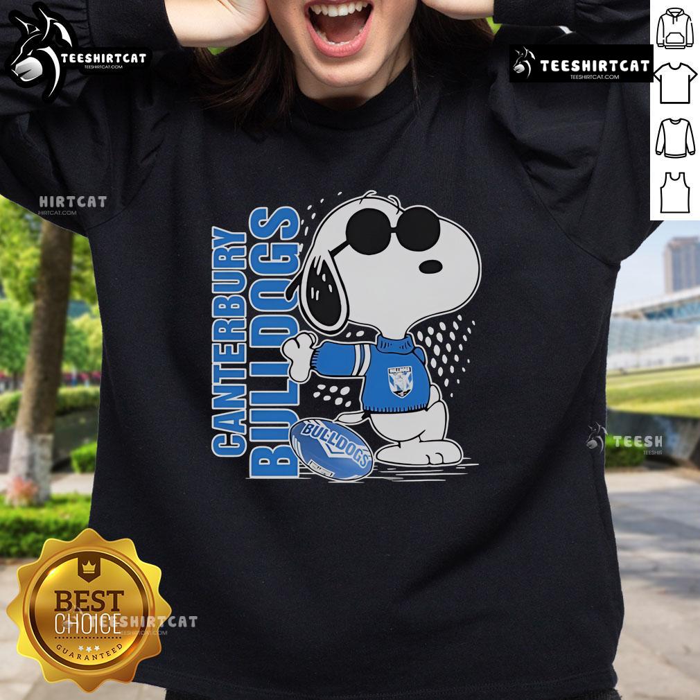 Official Snoopy Fan Canterbury Bankstown Bulldogs X The Peanuts Sweatshirt featuring vibrant graphics and cozy design.