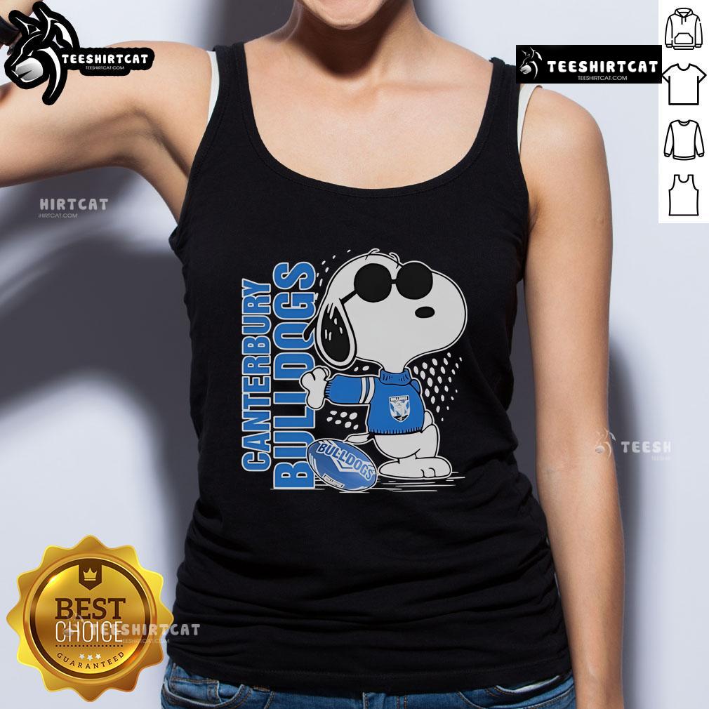 Official Snoopy Fan Canterbury Bankstown Bulldogs X The Peanuts tank top featuring a vibrant design and team logo.