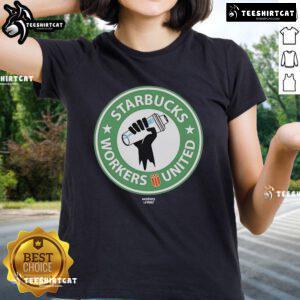 Official Starbucks Workers United Union Ladies Tee featuring union logo, perfect for supporters of workers' rights.