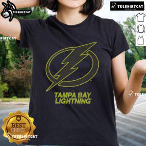 Official Tampa Bay Lightning Highlight Reel ladies tee showcasing team logo and vibrant design for fans.