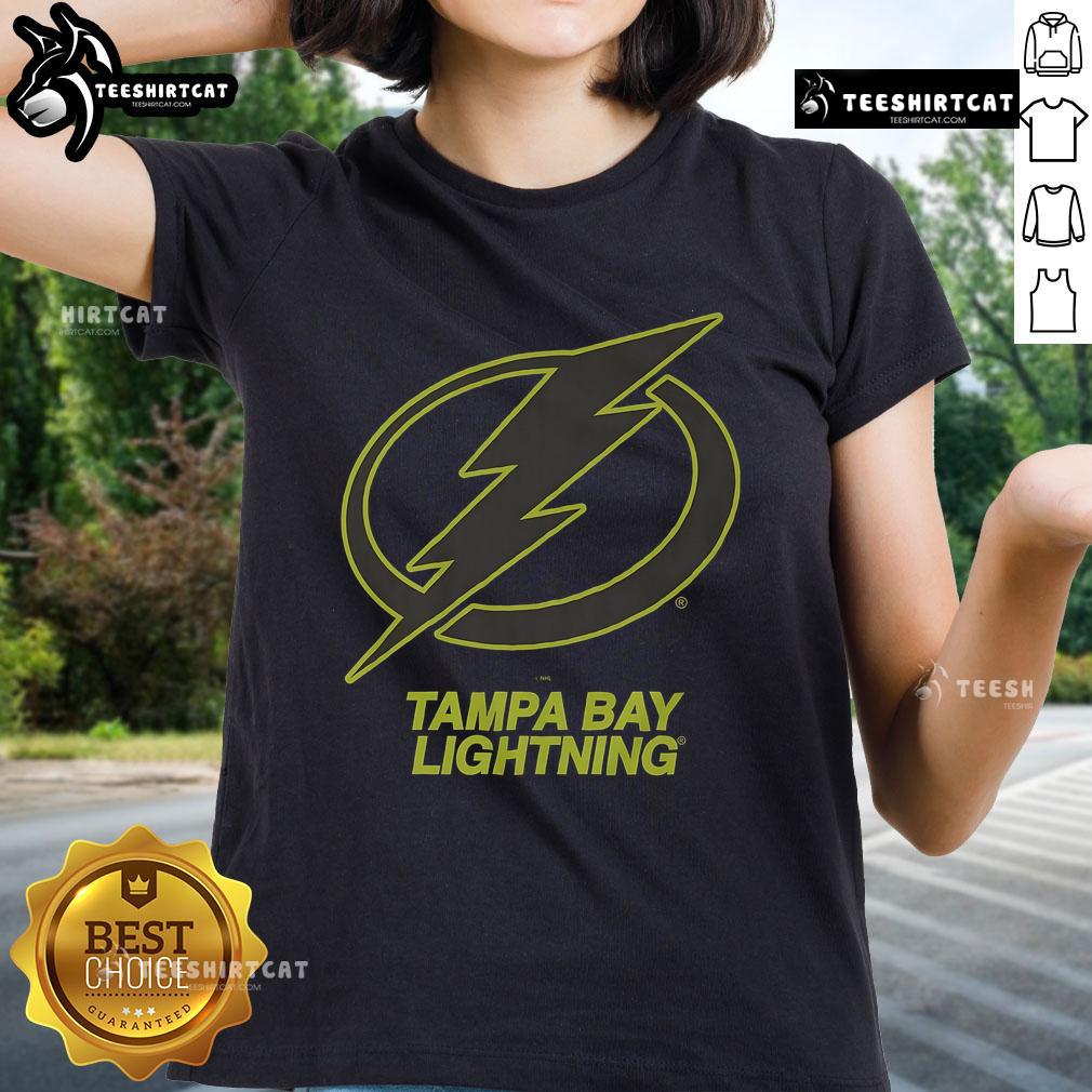Official Tampa Bay Lightning Highlight Reel ladies tee showcasing team logo and vibrant design for fans.