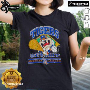 Vintage ladies tee featuring Official Taz Mania Detroit Tigers logo, perfect for American League fans and collectors.