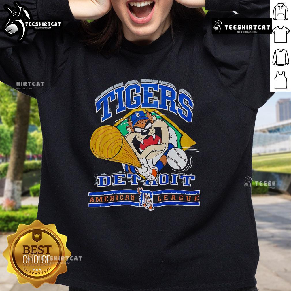 Vintage Official Taz Mania Detroit Tigers sweatshirt featuring American League logo and iconic cartoon character design.