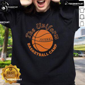Alt Text: Official The Uniform Journal Basketball Camp Sweatshirt in navy blue, featuring a logo and sports design for athletes.