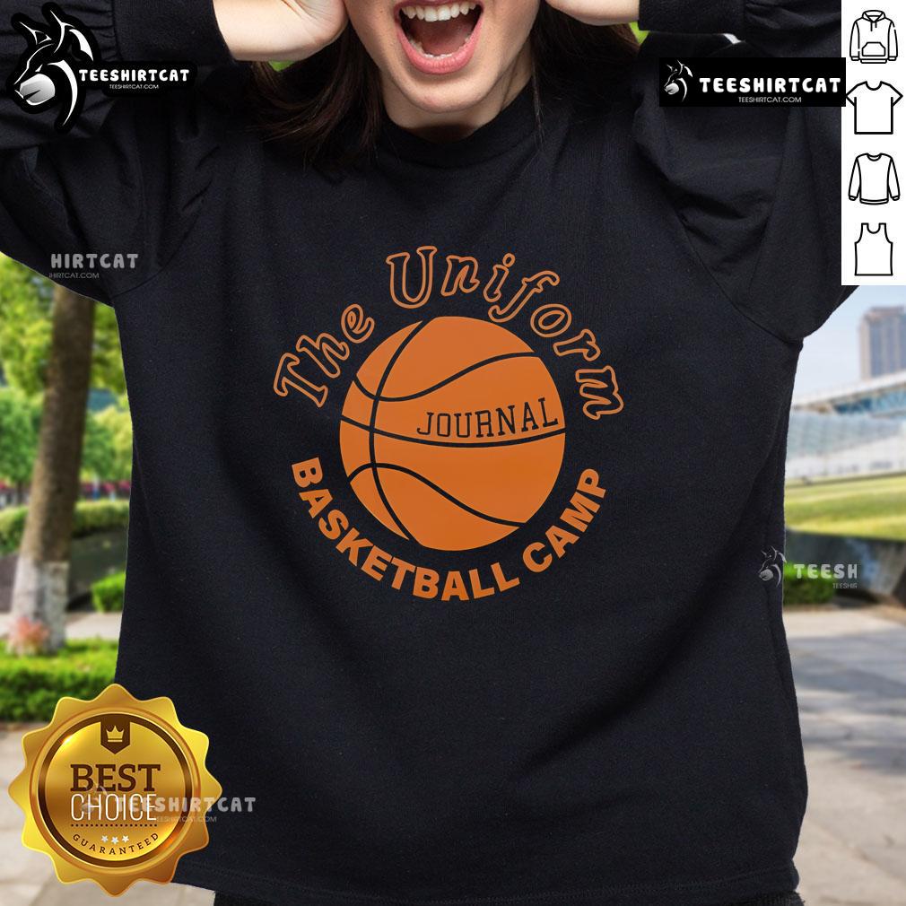 Alt Text: Official The Uniform Journal Basketball Camp Sweatshirt in navy blue, featuring a logo and sports design for athletes.