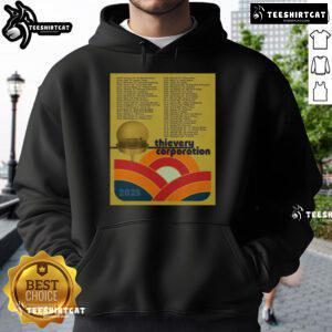 Official Thievery Corporation North American Tour 2025 poster featured on a stylish hoodie, showcasing vibrant concert art.
