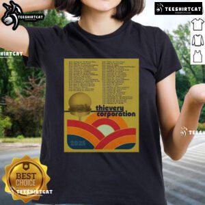 Official Thievery Corporation North American Tour 2025 poster featuring a stylish ladies tee design.