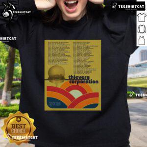 Official Thievery Corporation North American Tour 2025 poster design featured on a stylish sweatshirt.