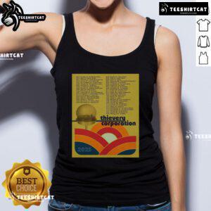 Alt Text: Official Thievery Corporation North American Tour 2025 poster on a tank top, featuring vibrant graphics and tour dates.