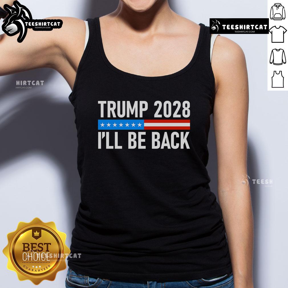 Official Trump 2028 'I'll Be Back' tank top featuring bold text and patriotic colors, perfect for supporters.