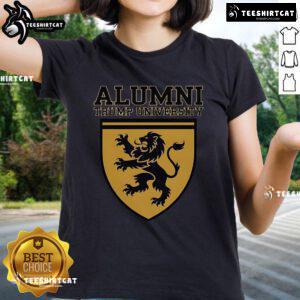 Official Trump University Alumni Donald for President 2025 Ladies Tee featuring bold graphics and vibrant colors.