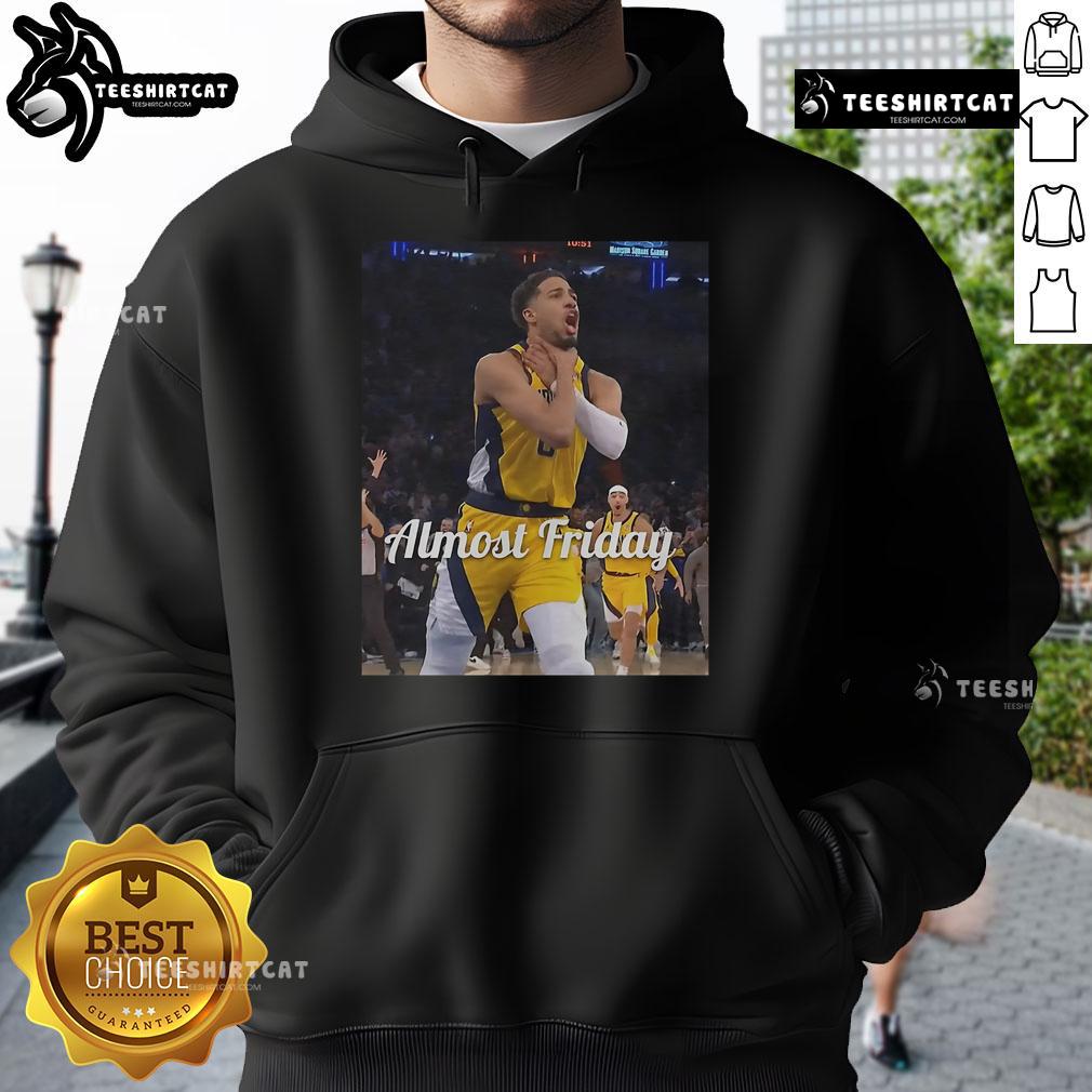 Official Tyrese Haliburton choke Almost Friday hoodie featuring a stylish design and vibrant colors, perfect for fans.