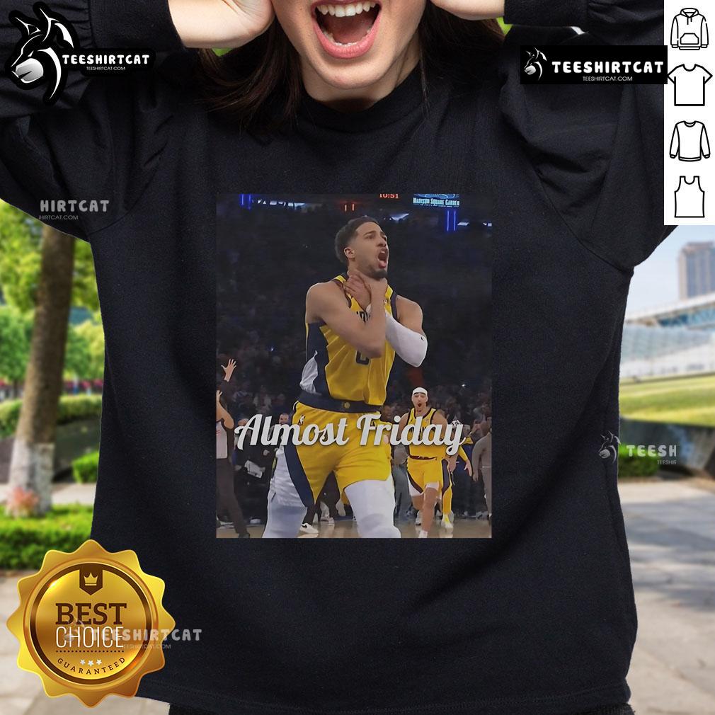 Official Tyrese Haliburton Choke Almost Friday Sweatshirt featuring stylish design and vibrant colors for fans.