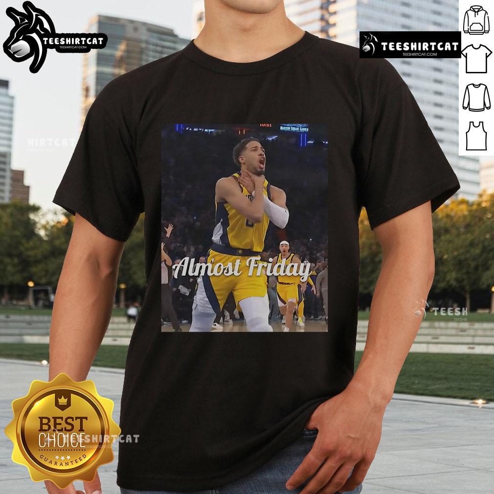 Official Tyrese Haliburton Choke Almost Friday T-Shirt featuring bold graphics and a comfortable fit for fans.