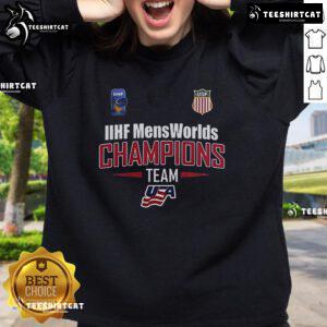 Official USA Hockey 2025 IIHF Men's World Junior Championship sweatshirt in navy blue, perfect for fans and players.
