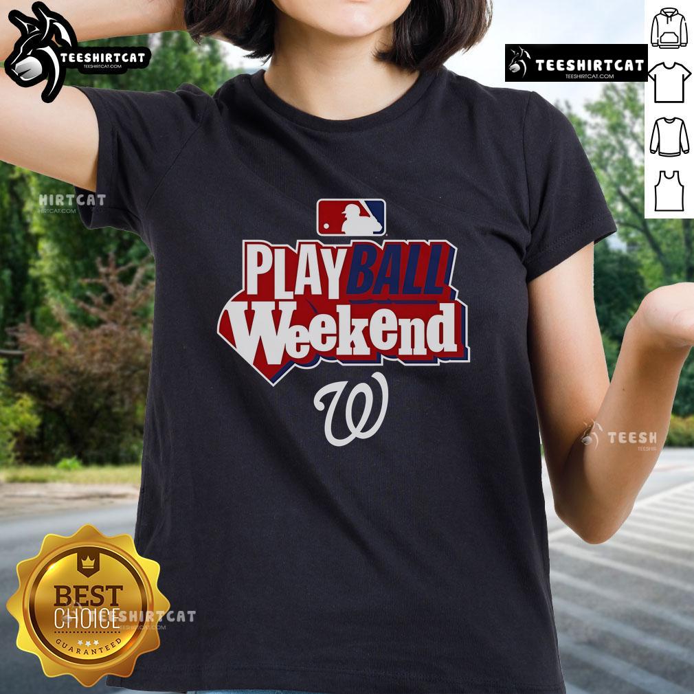 Official Washington Nationals Play Ball Weekend Ladies Tee featuring team logo and vibrant colors for baseball fans.