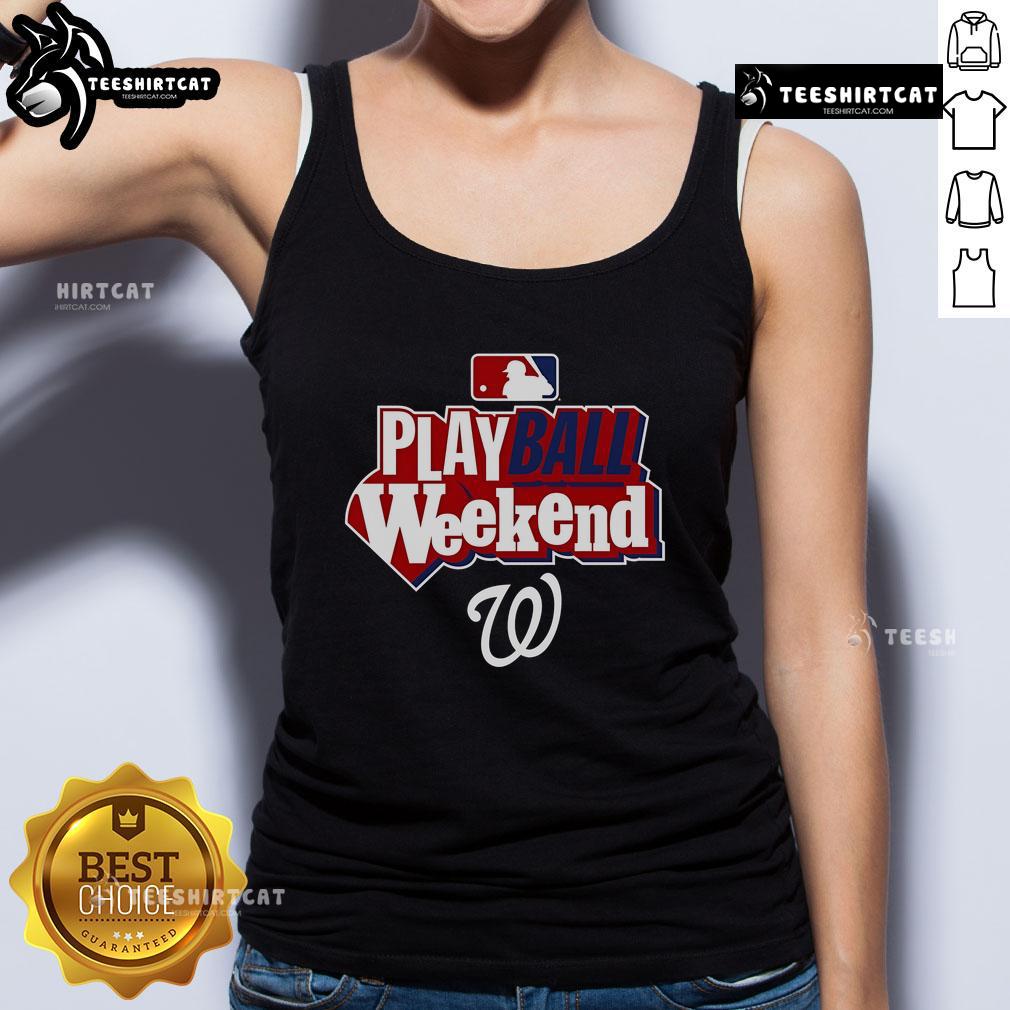 Alt Text: Official Washington Nationals Play Ball Weekend tank top featuring team logo and vibrant colors for baseball fans.