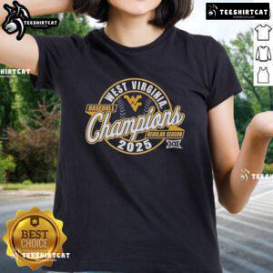 Official West Virginia Mountaineers 2025 Big 12 Baseball Champions ladies tee, showcasing team pride and style.