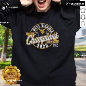 Alt Text: Official West Virginia Mountaineers 2025 Big 12 Baseball Champions sweatshirt, showcasing team pride and championship logo.