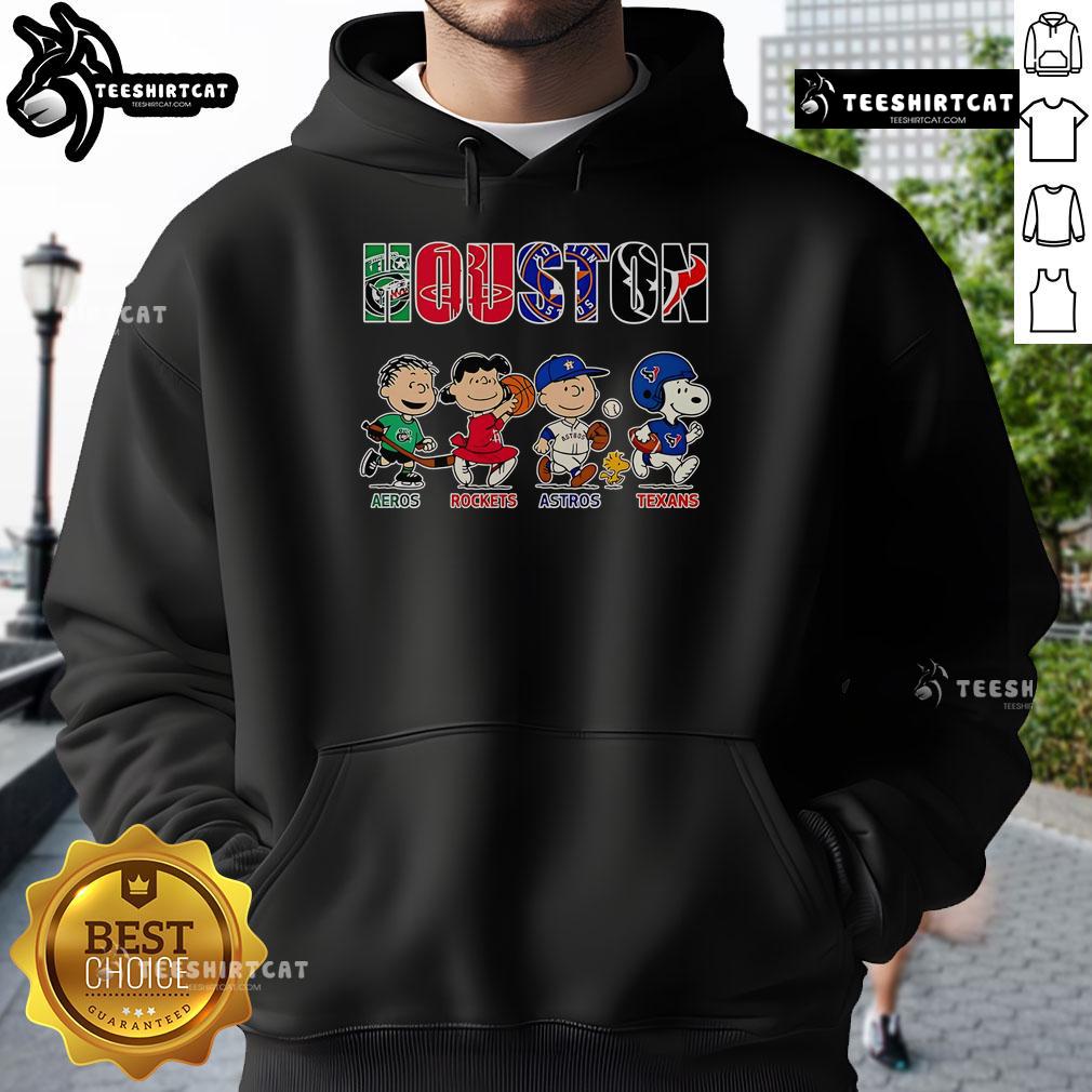 Original Peanuts hoodie featuring Houston Aeros, Rockets, Astros, and Texans logos in vibrant colors.