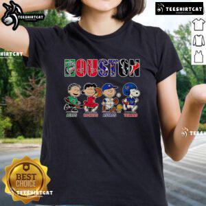 Original Peanuts Ladies Tee featuring Houston Aeros, Rockets, Astros, and Texans logos for sports fans.