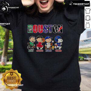 Alt Text: Original Peanuts Houston Aeros Rockets Astros Texans sweatshirt featuring vibrant team logos and cozy design.