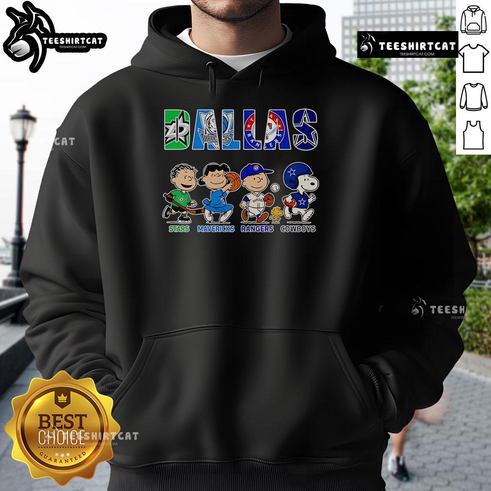 Peanuts hoodie featuring Dallas Stars, Mavericks, Rangers, and Cowboys logos in vibrant colors for sports fans.