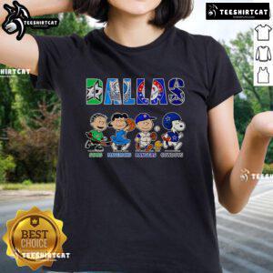 Peanuts Dallas Stars Mavericks Rangers Cowboys ladies tee featuring playful graphic design and vibrant colors for fans.