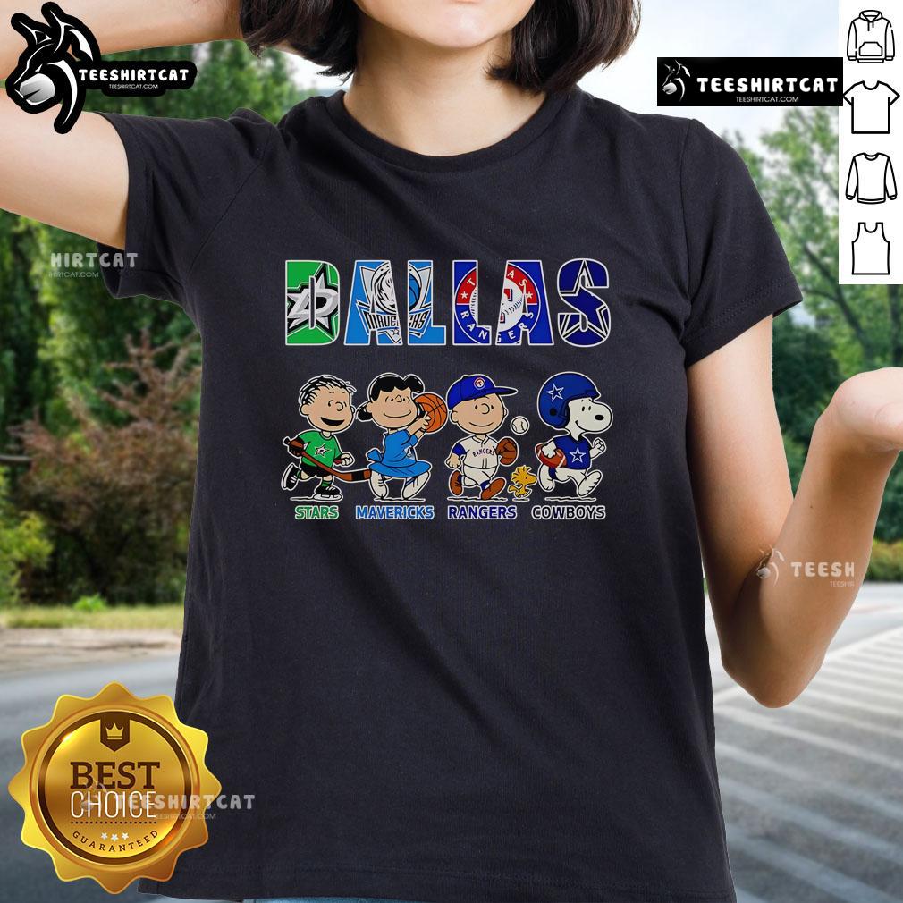 Peanuts Dallas Stars Mavericks Rangers Cowboys ladies tee featuring playful graphic design and vibrant colors for fans.