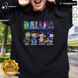 Cozy sweatshirt featuring Peanuts characters and logos of Dallas Stars, Mavericks, Rangers, and Cowboys.
