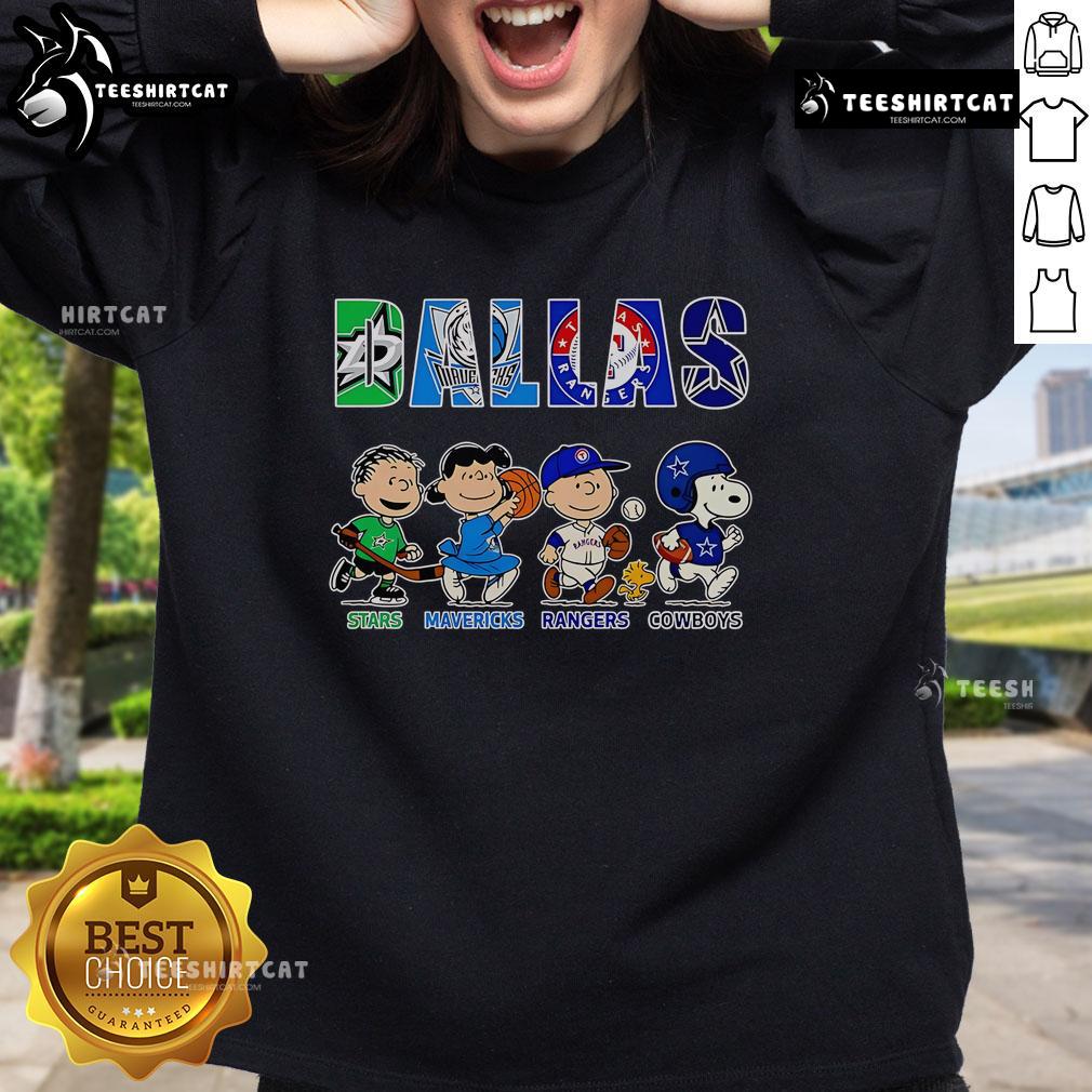 Cozy sweatshirt featuring Peanuts characters and logos of Dallas Stars, Mavericks, Rangers, and Cowboys.
