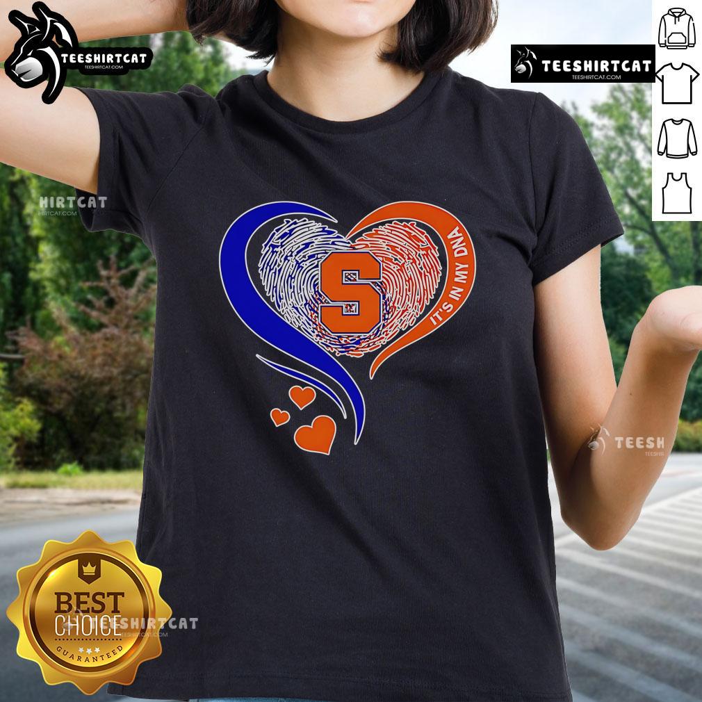 Premium Fingerprint Heart 'It's In My DNA' Syracuse Orange Ladies Tee showcasing vibrant team colors and stylish design.